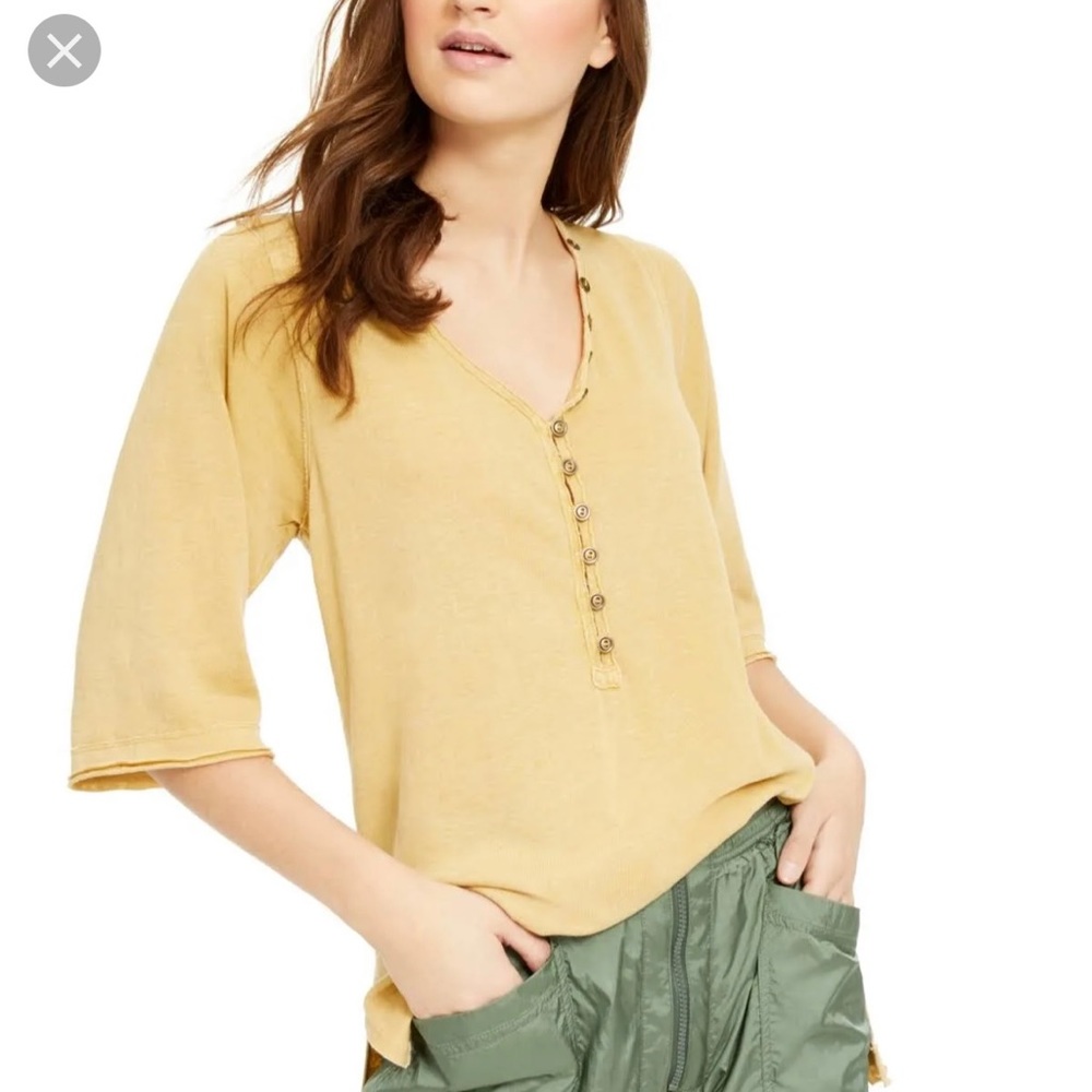 Free People Mustard Yellow Henley Long Sleeve Tee